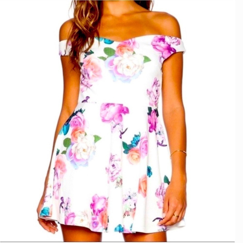 MinkPink Nature Floral off the shoulder fit and flare dress